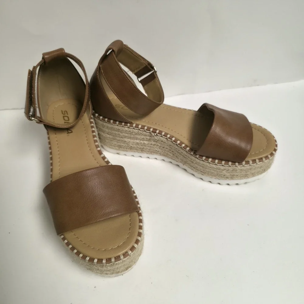 Soda Tucker Women Espadrille Platform Sandals Cognac Open Toe Ankle Strap 6.5